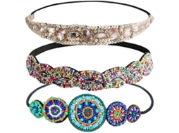 Ciieeo De 3 Faixas De Cabelo Elásticas Vintage Em Tecido Com Strass E Miçangas, Tamanho Único, Estilo