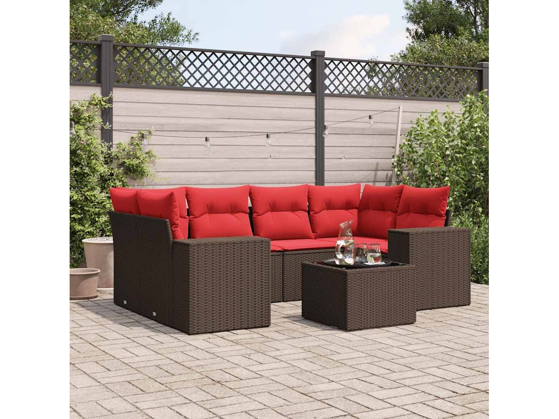 Vidaxl Conjunto De Sofá De Jardim Com 7 Peças E Almofadas Em Rattan Sintético Marrom