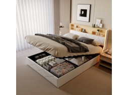 Cama De Casal Hidráulica Branca 160 X 200 Cm, Em Pele Pu E Carvalho Claro, Com Iluminação Led Dupla Face E Carregador Integrado