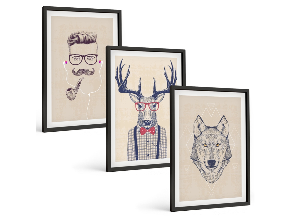 Quadros Decorativos Para Parede Retratos Estilosos De Animais Moldura Preta Imagens Para Um Quarto Infantil Espelharte (3 Piezas De 40x60 Cm)