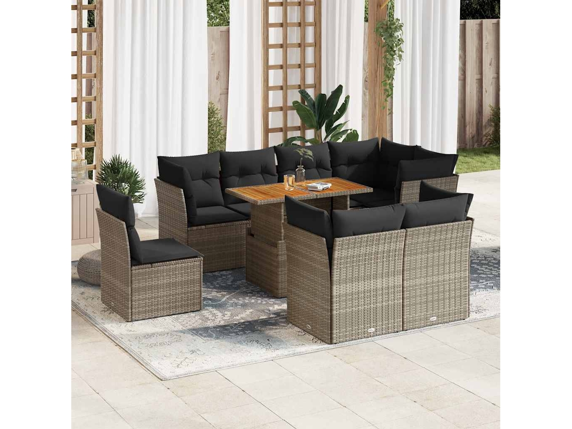 Vidaxl 9 Pcs Conjunto Sofás P/ Jardim Com Almofadões Vime Pe Cinzento