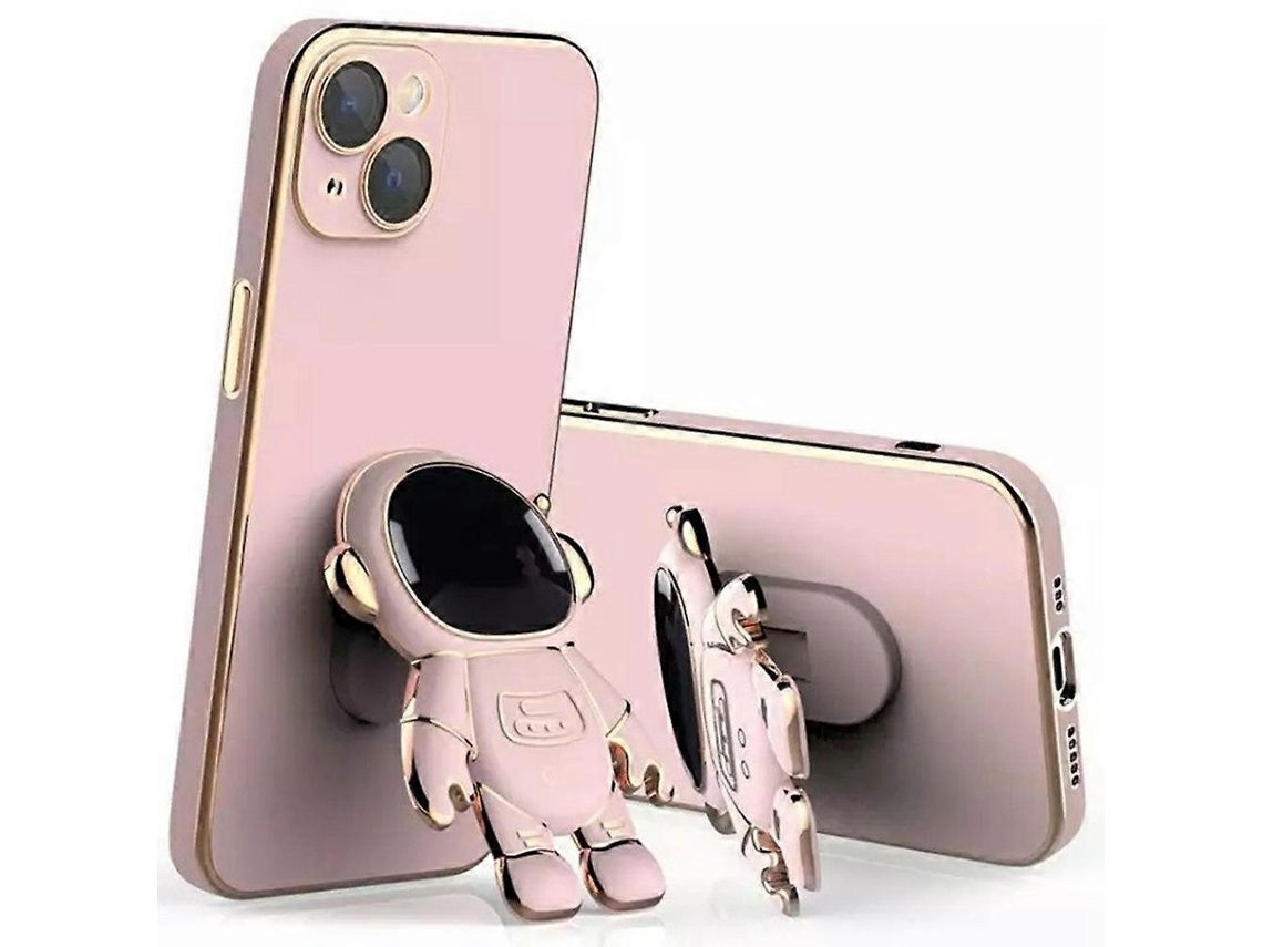 Capa Para Iphone 14 Com Revestimento Galvanizado Tpu Macio E Suporte Oculto Astronauta Rosa