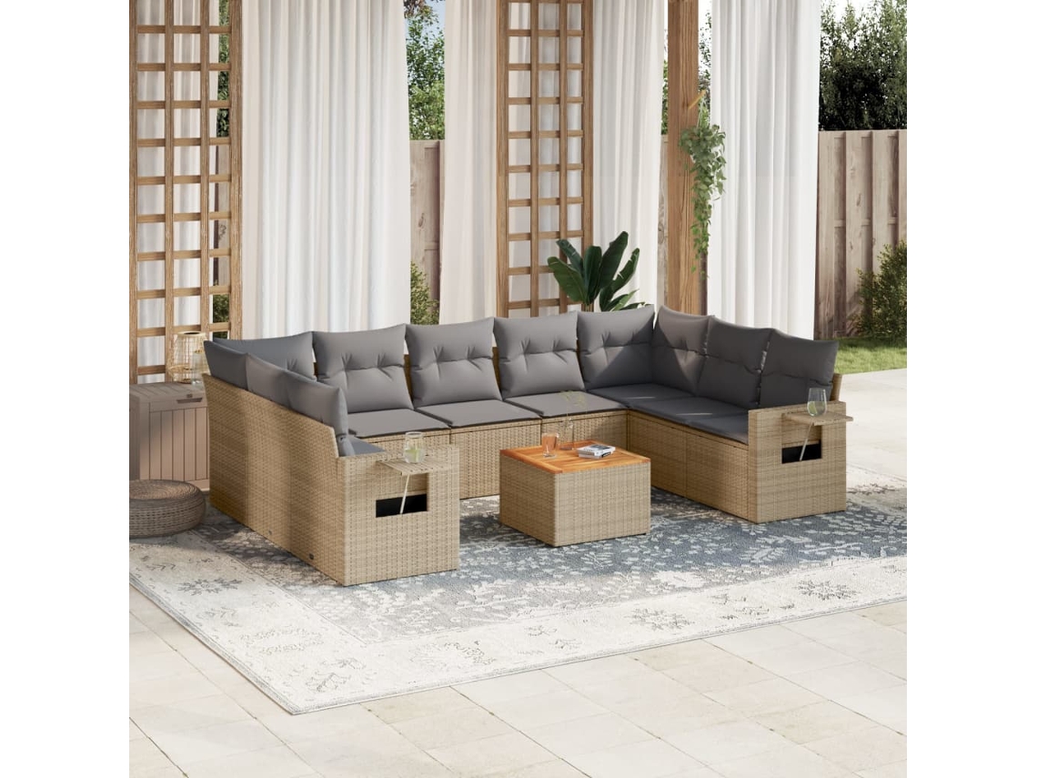 Vidaxl 10 Pcs Conjunto De Sofás P/ Jardim Com Almofadões Vime Pe Bege