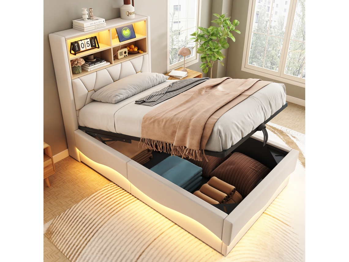 Cama Infantil 90×200cm Armário Hidráulico Led App Usb Linen Bege