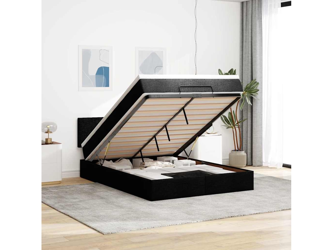 Vidaxl Cama Otomana Com Colchão 140x190 Cm Tecido Preto