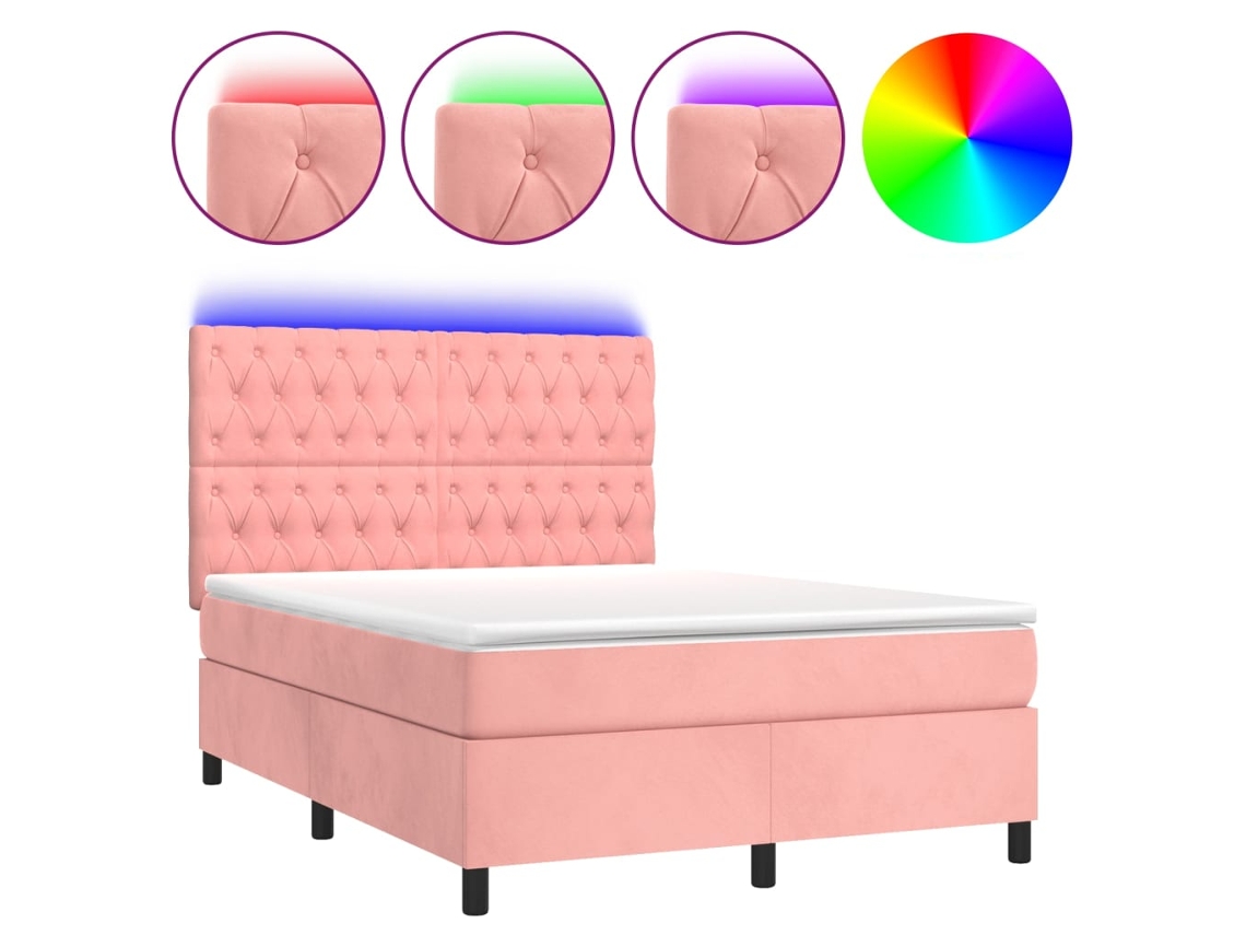 Cama Box Spring C/ Colchão/led 140x200 Cm Veludo Rosa MAISON EXCLUSIVE