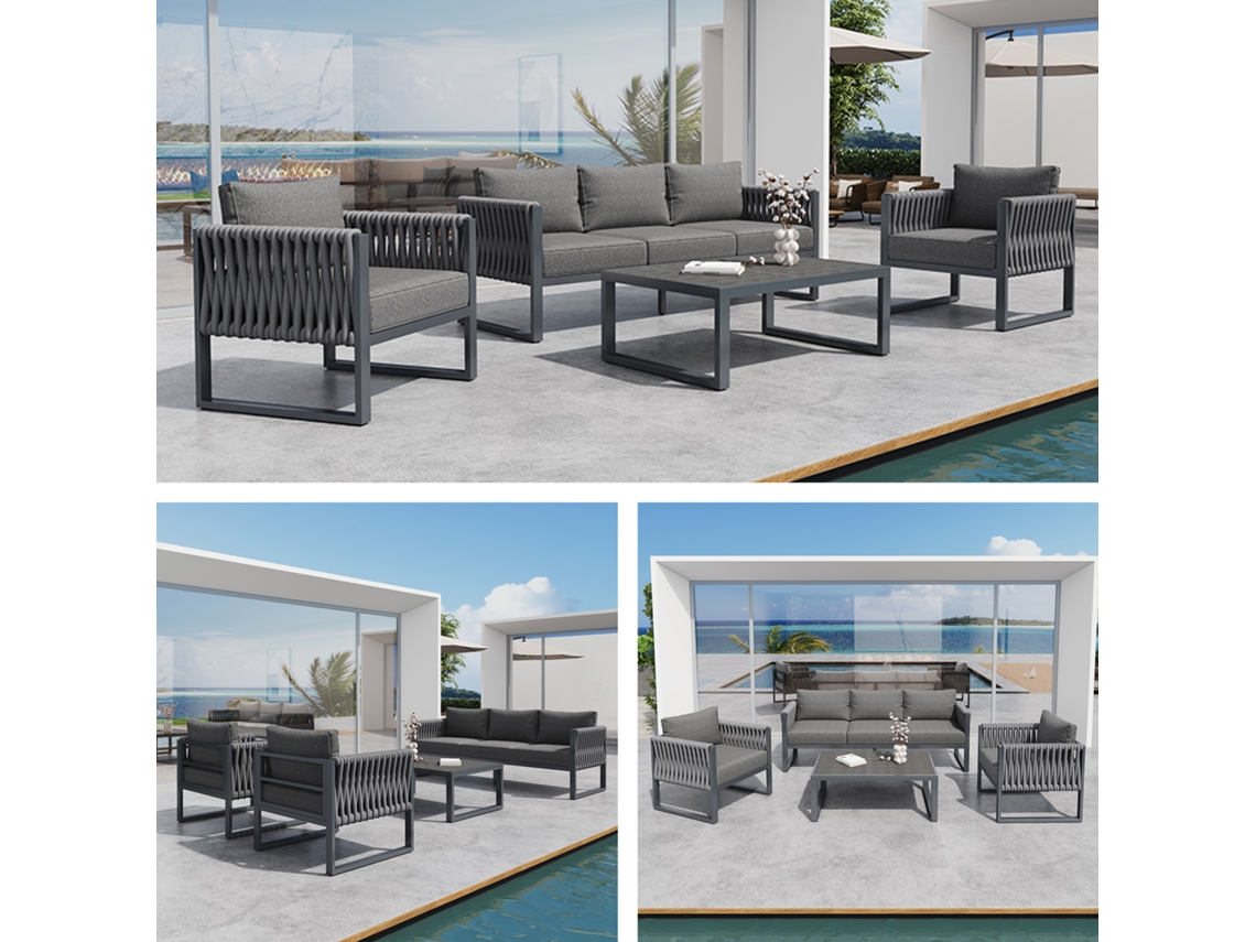 Conjunto Sofá Jardim 5 Lugares, Cinza, Metal Inox-cy
