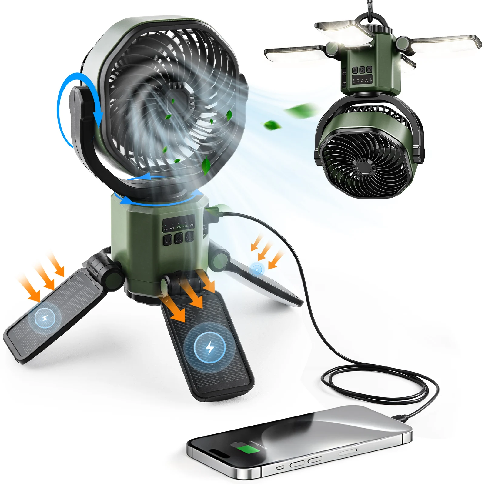 MDUG, ventilador solar, 4 velocidades, luz LED, externo