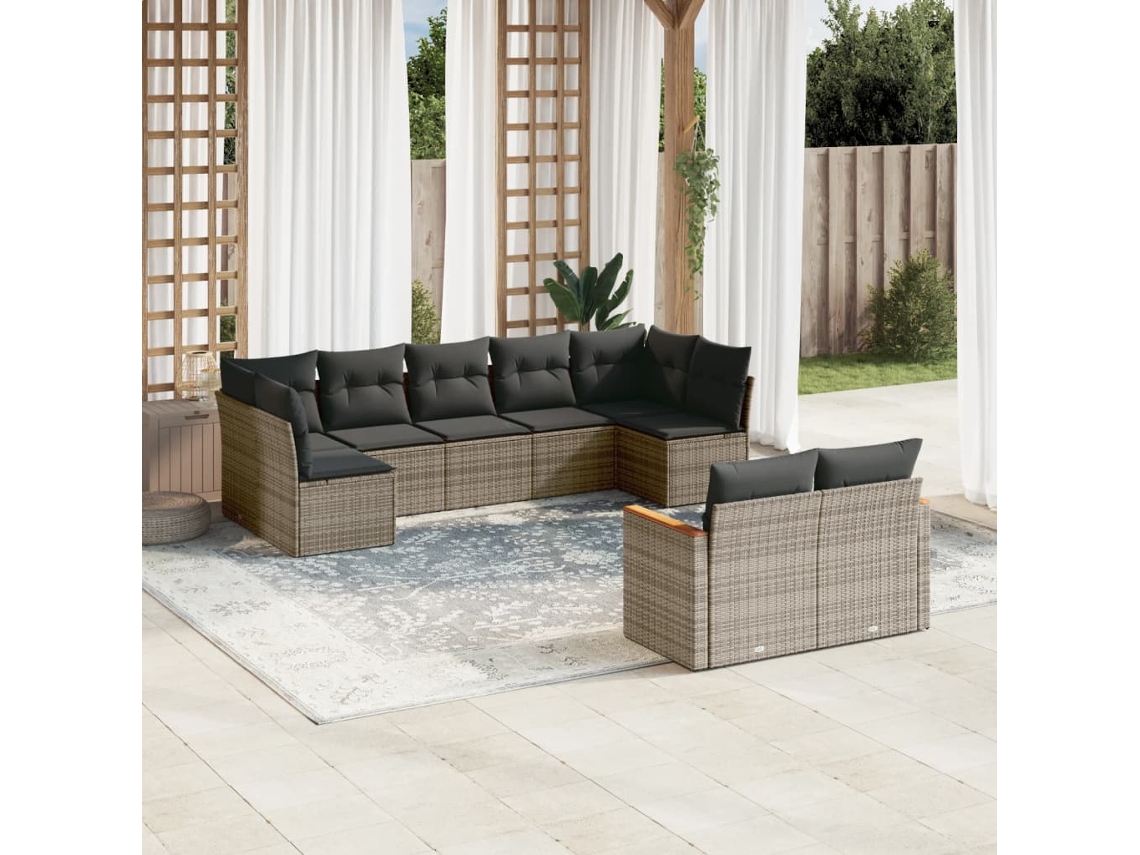 Vidaxl 9 Pcs Conjunto Sofás P/ Jardim Com Almofadões Vime Pe Cinzento