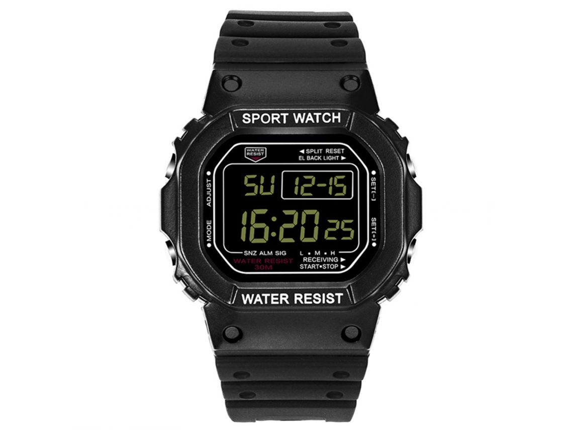 Pulseira de relógio digital eletrônico feminino à prova d'água, preta.
