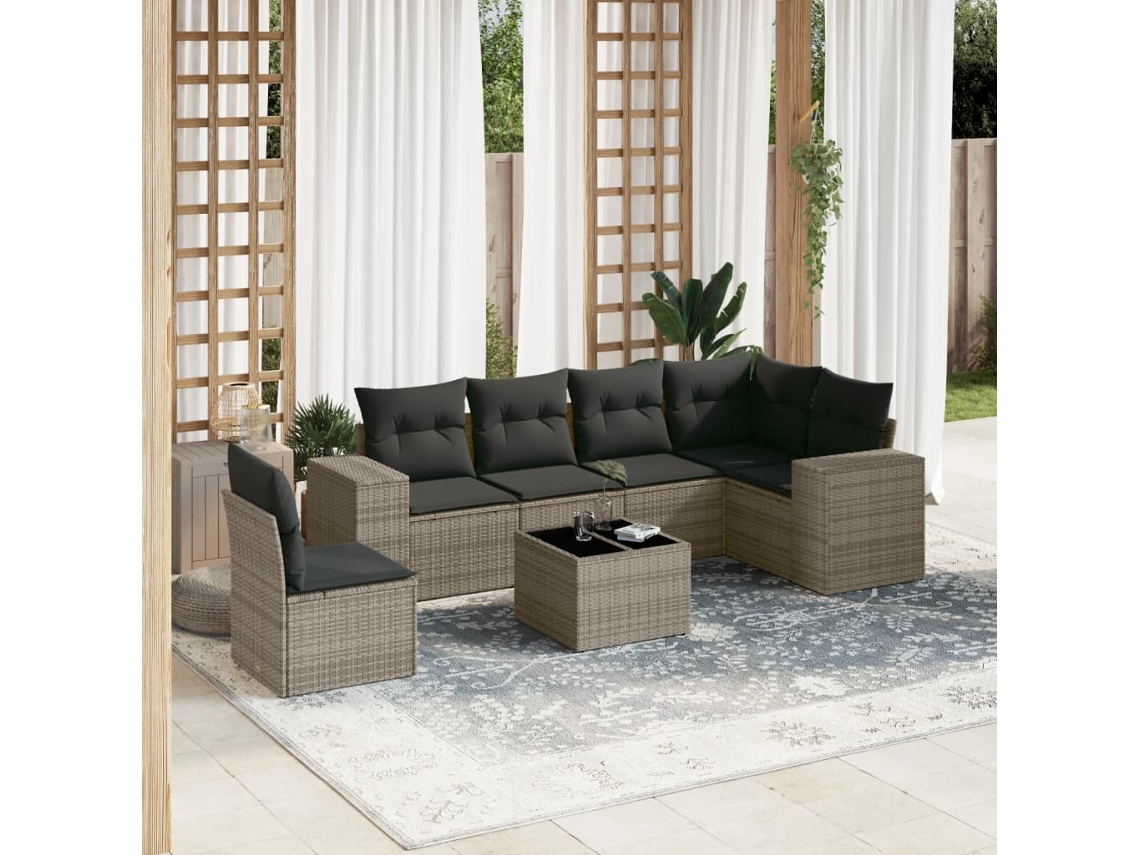 Vidaxl 7 Pcs Conjunto Sofás P/ Jardim C/ Almofadões Vime Pe Cinzento