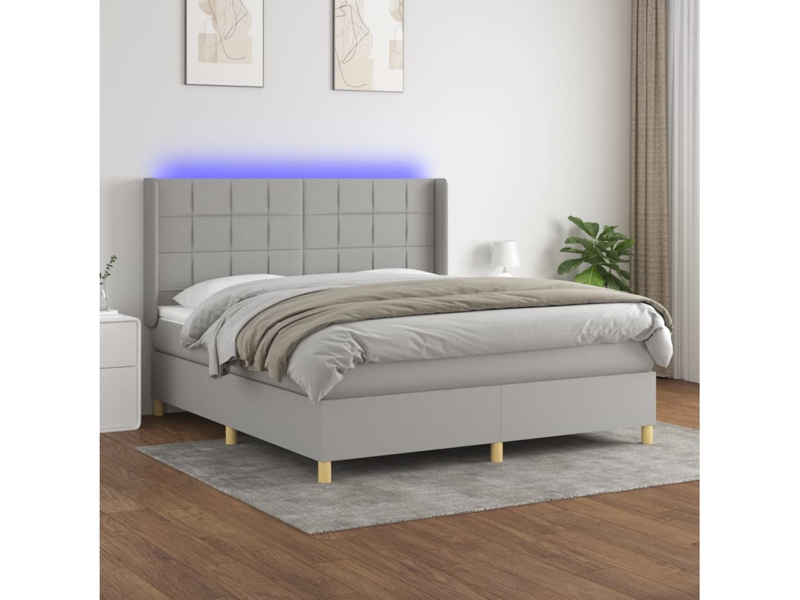 Vidaxl Cama Box Spring C/ Colchão E Led 180x200 Cm Tecido Cinza-claro