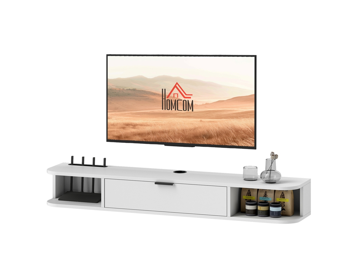 Suporte De Tv Suspenso 120cm Até 50 Polegadas, Com Gaveta Dobrável E 2 Prateleiras, 120x24x16cm, Branco