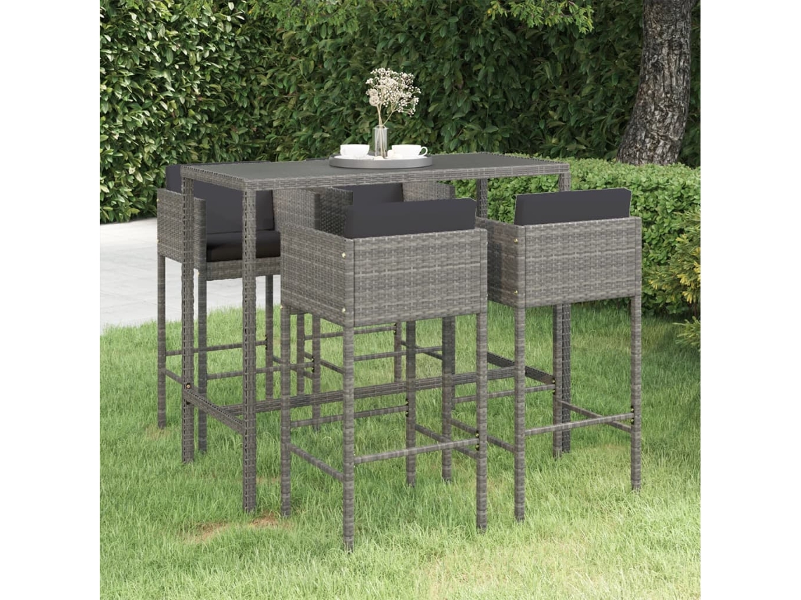 Vidaxl 5 Pcs Conjunto De Bar P/ Jardim C/ Almofadões Vime Pe Cinzento