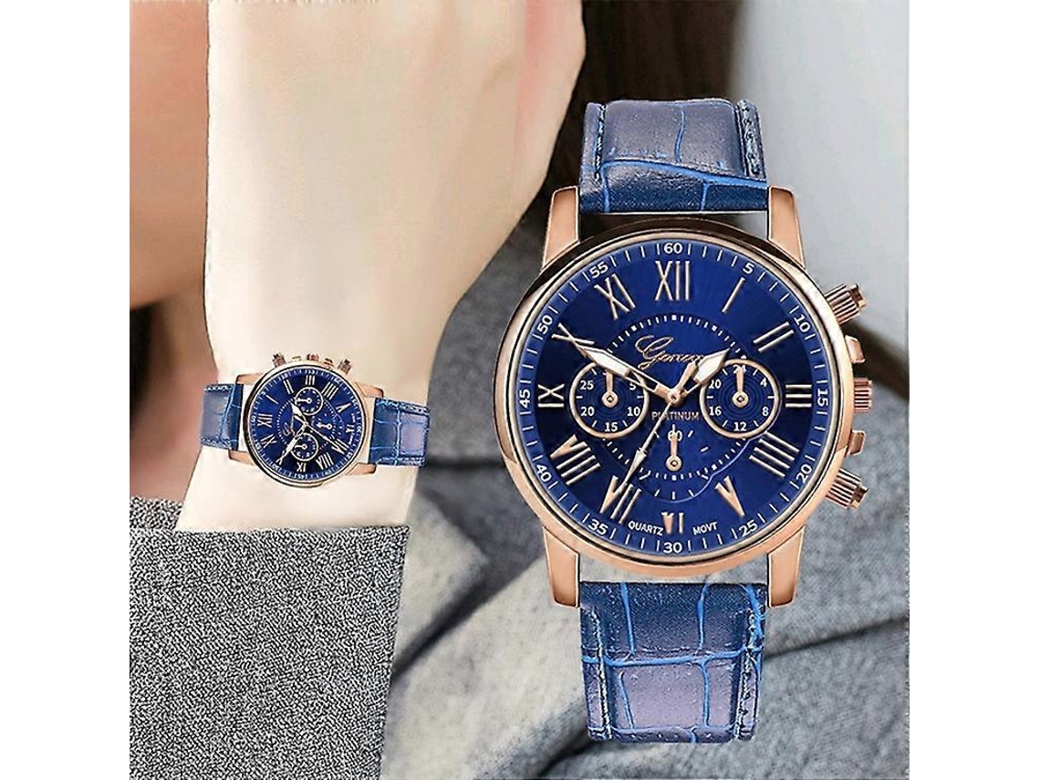 Relógio de quartzo masculino Hengrongshen com pulseira de couro sintético e três olhos e seis agulhas