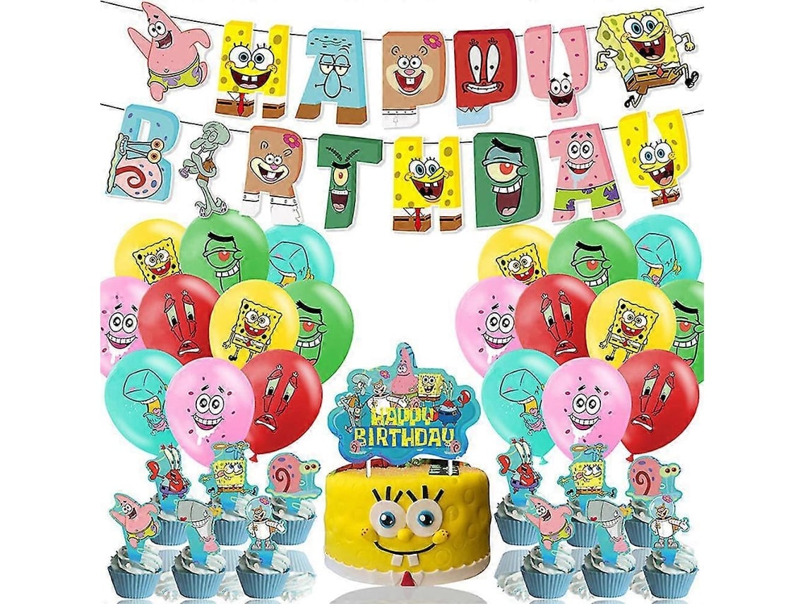 Decoração Para Festa De Aniversário Com Tema De Bob Esponja, Balões, Topos De Bolo E Cupcakes