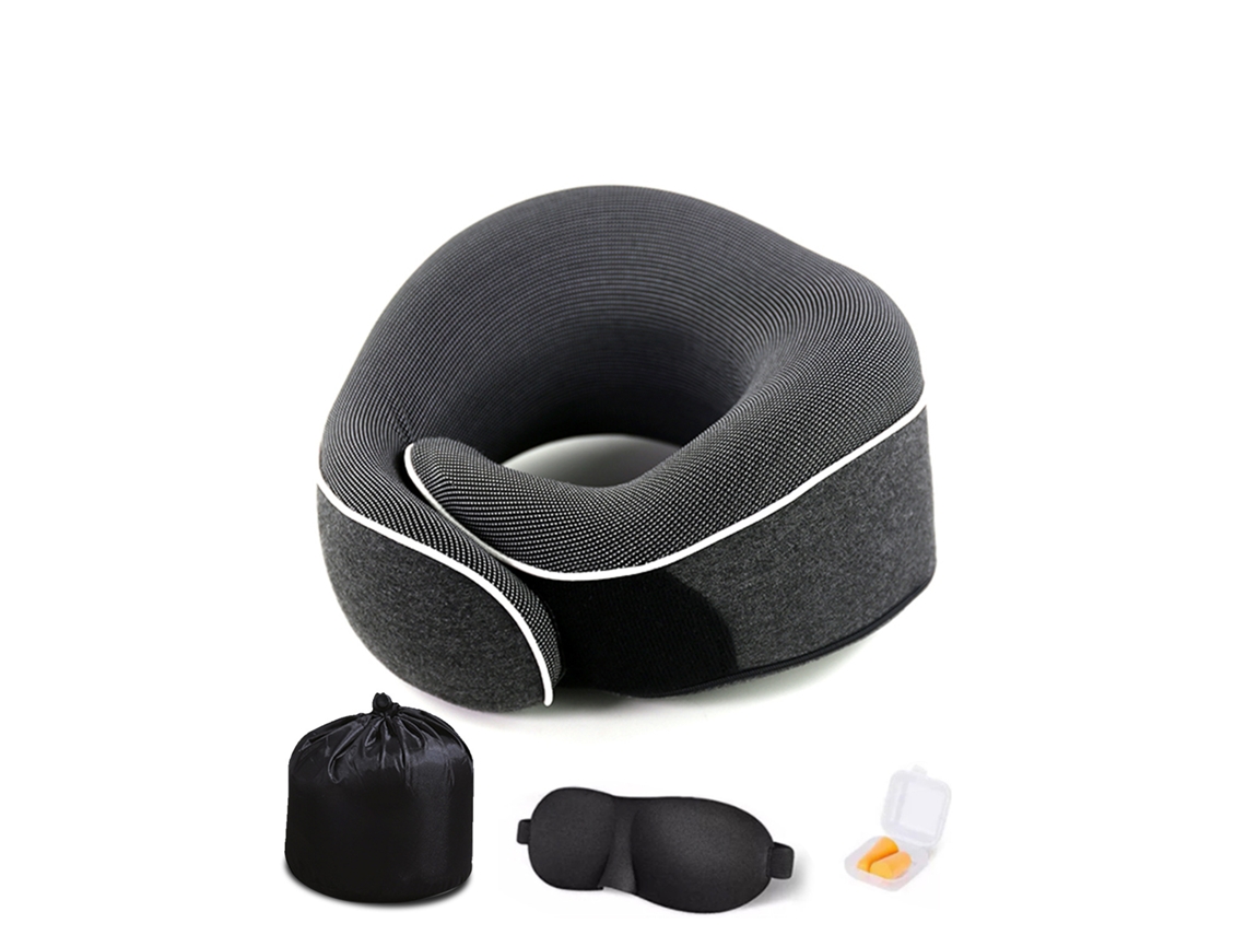 Travesseiro De Viagem Em Formato U Com Espuma Viscoelástica Para O Pescoço, Suporte 360°, Máscara Os Olhos E Tampões Ouvido (preto Aquaforge