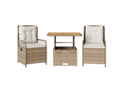 Conjunto 3 de jantar p/ jardim com almofadões VIDAXL vime PE bege