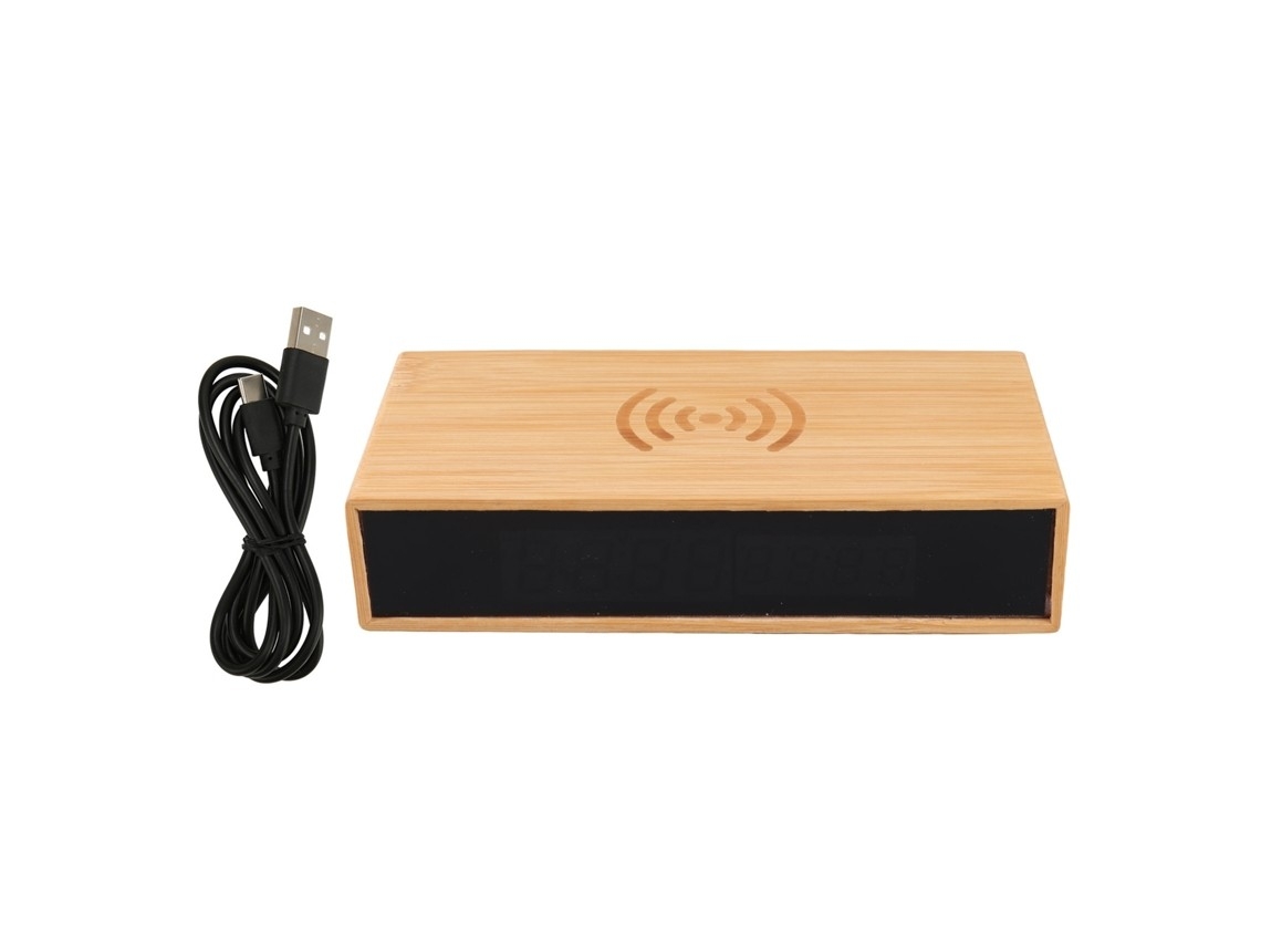 Despertador Digital, Madeira, Carregamento Sem Fio, Led, Bambu