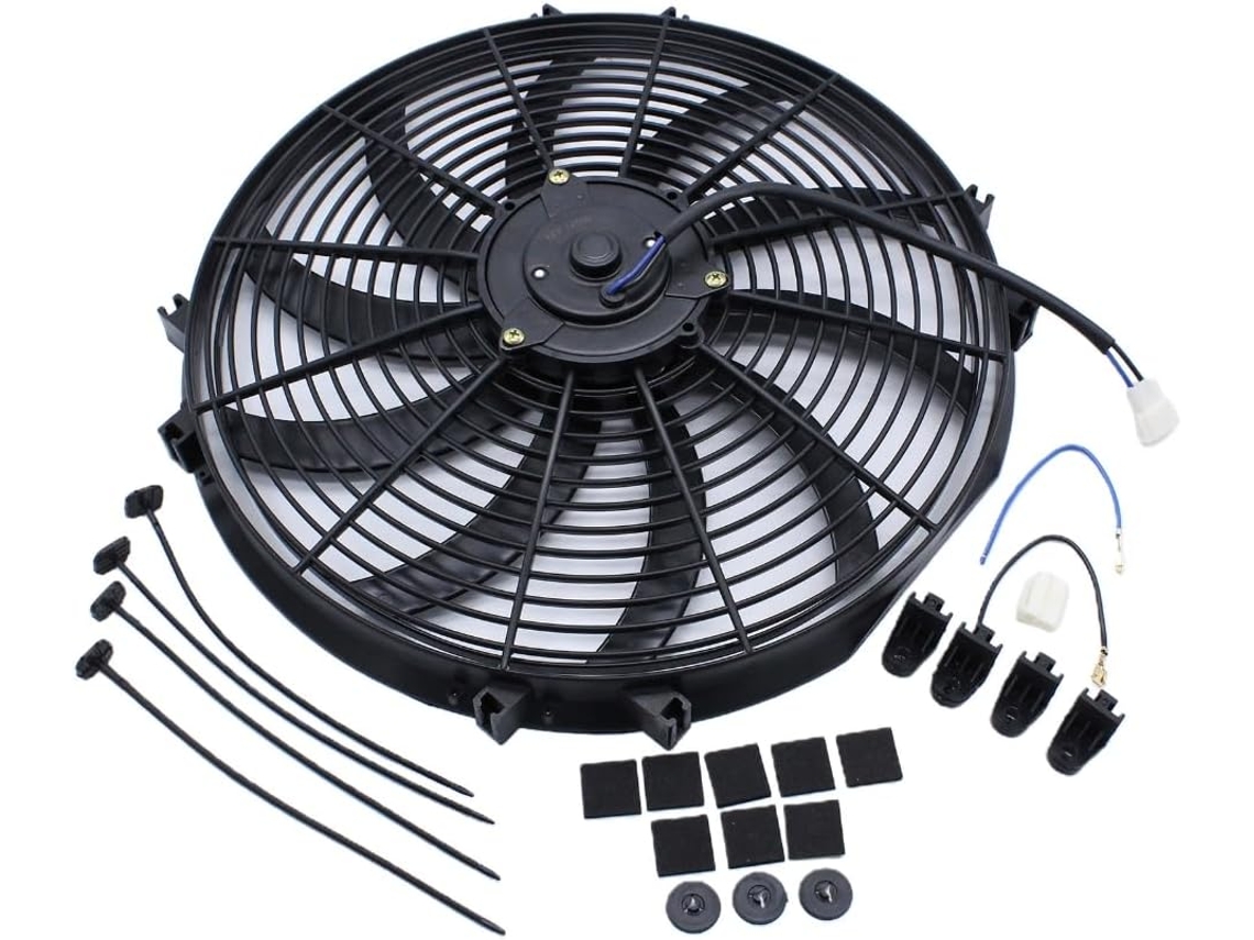 Ventilador Duplo para carro, alimentado por USB, 12V, com duas velocidades e direção ajustável.