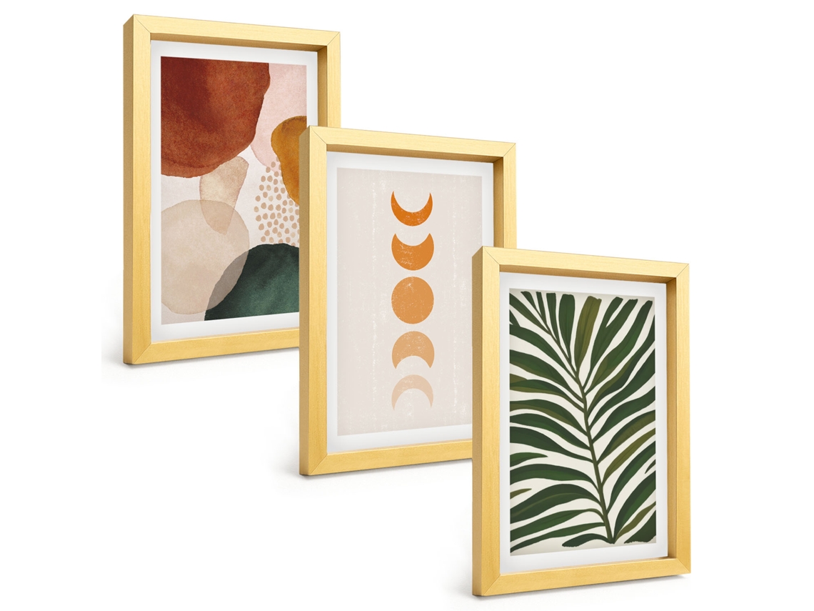 Conjunto De Pinturasformas Abstratas De Folhas Moldura Dourada Quadros Para A Sala De Estar Espelharte (3 Peças 20x30 Cm)