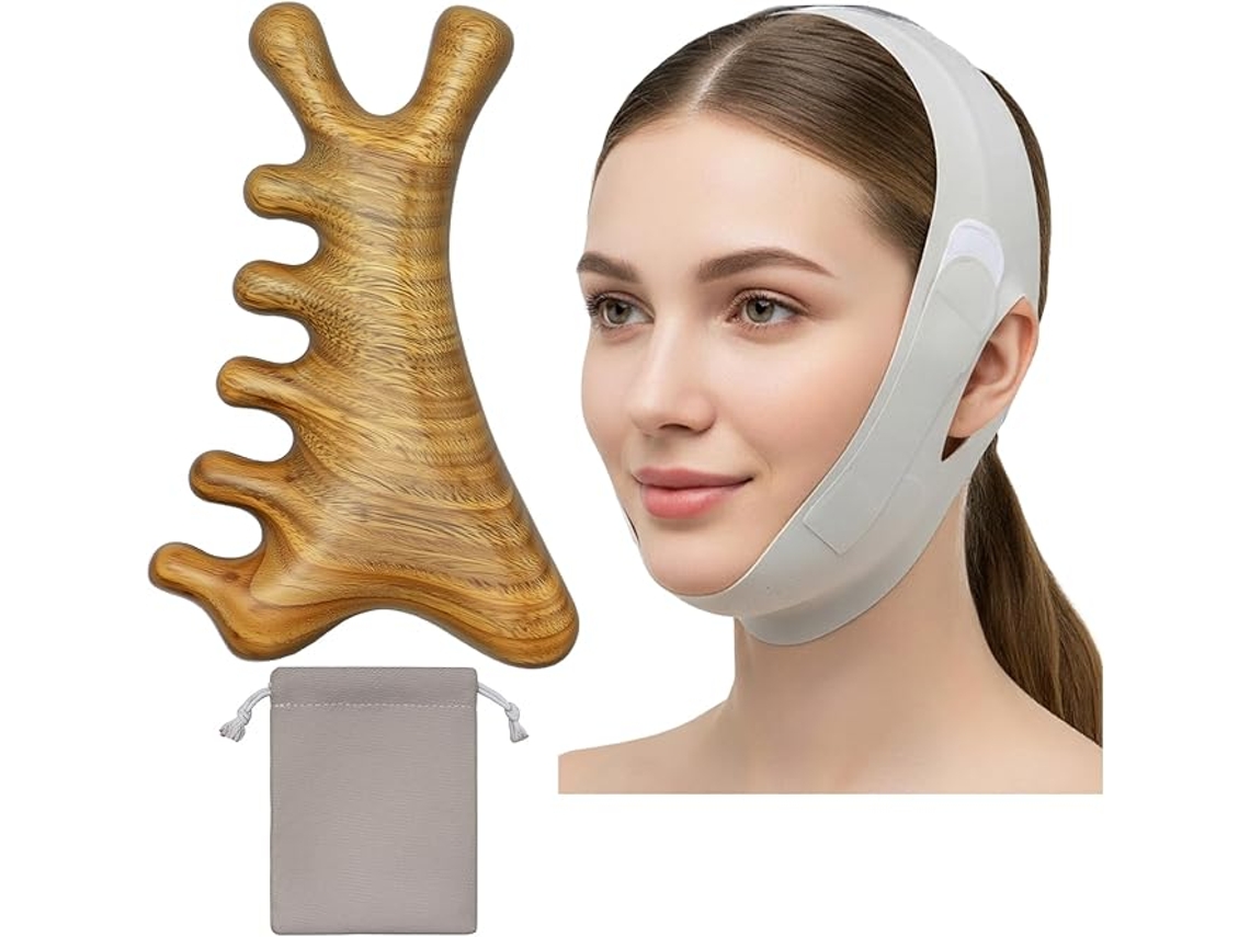 Conjunto 4 em 1 de Ferramenta Gua Sha, Pente Massageador e Máscara Facial Lifting em V Cinza. SIURN