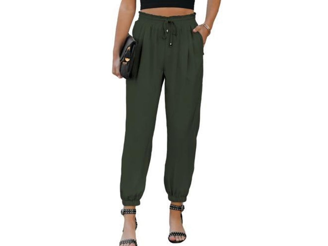2026 pantalones Linen Casual Mujer Con Cintura Alta Elástica, Cordón Y Bolsillos Cómodos XL Verde