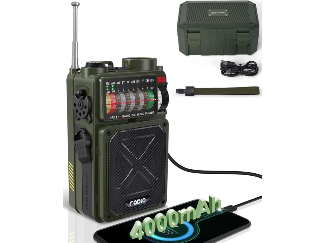 Rádio de emergência com bateria solar, FM, AM, Bluetooth, externa de 4000mah, lanterna e SOS AQUAFORGE