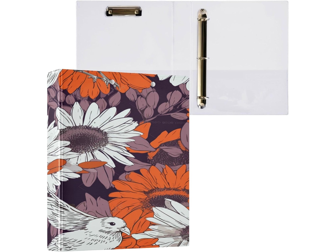 Conjunto de 1 1/2 Fichário 3 Argolas 3,8 Cm com Capa Bolso para Estudantes, Dura, Estampa Vintage Crisântemos