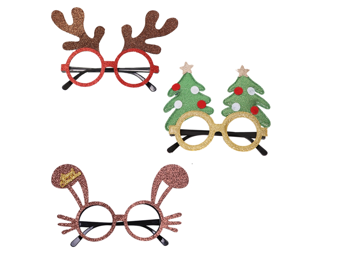 3 Pçs Óculos de Natal-Quadrado Marrom Armação Vermelha + Orelhas de Coelho Marrom + Verde Árvore de Natal Óculos Amarelos AURUM