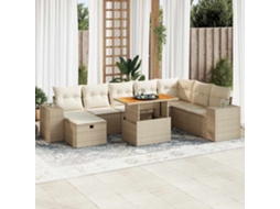 Vidaxl 9 Pcs Conjunto Sofás Jardim Com Almofadões Vime Pe/acácia Bege