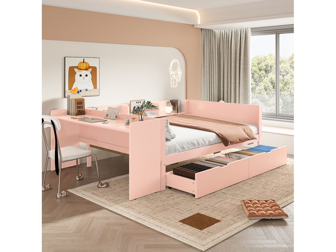 Cama Madeira Rosa 140x200 Com Escrivaninha E Gavetas