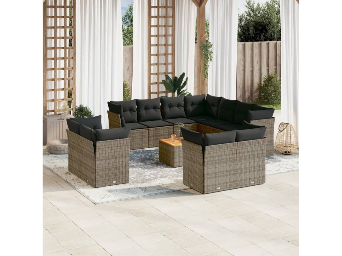 Vidaxl 12 Pcs Conjunto De Sofás Jardim C/ Almofadões Vime Pe Cinzento