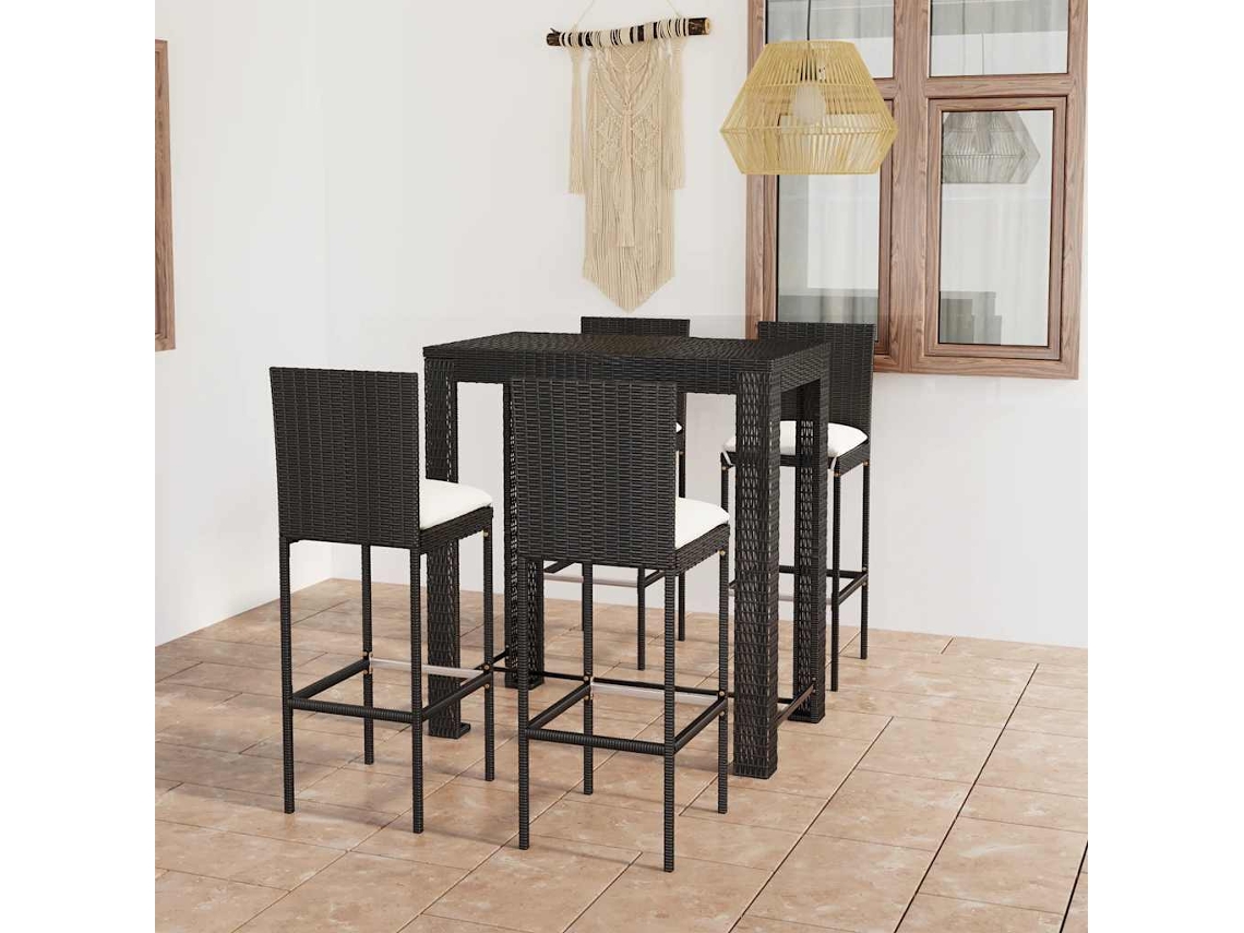Vidaxl 5 Pcs Conjunto De Bar P/ Exterior C/ Almofadões Vime Pe Preto