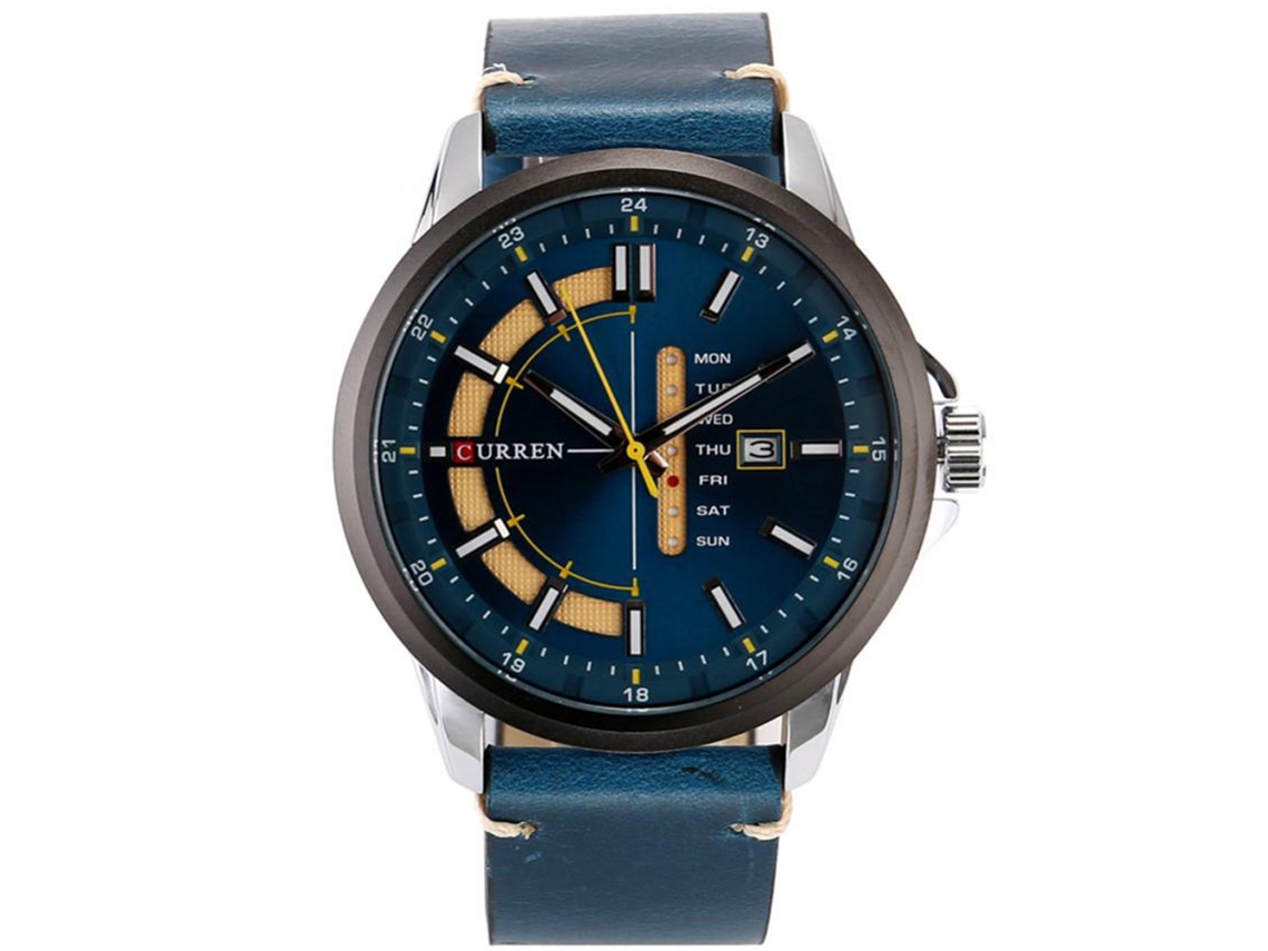 Relógio de pulso masculino em liga metálica com mostrador redondo e movimento analógico de quartzo (branco e azul)