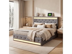 Cama Dupla com 4 Gavetas 180x200 Cm, Estrutura de Madeira, Cama Estofada em Tecido de Linho, Cabeceira com Luzes Led e Usb, Cinzento Escuro RESETIZE