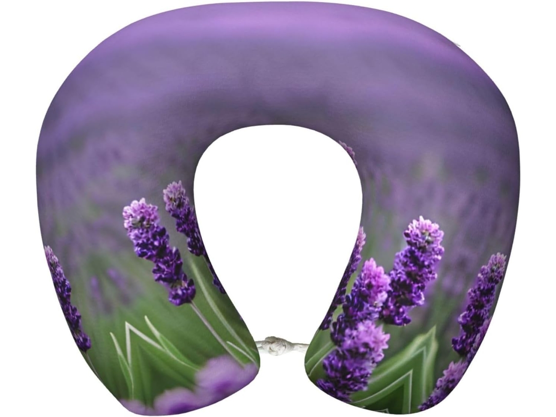 Travesseiro de Viag em Espuma Viscoelástica com Flores Roxas Cor Lavanda Suporte para o Pescoço 100 %