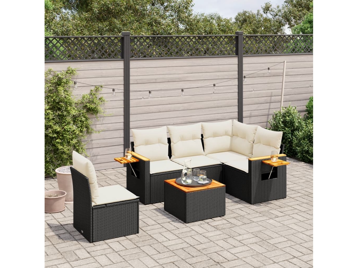 Vidaxl 6 Pcs Conjunto Sofás De Jardim C/ Almofadões Vime Pe Preto