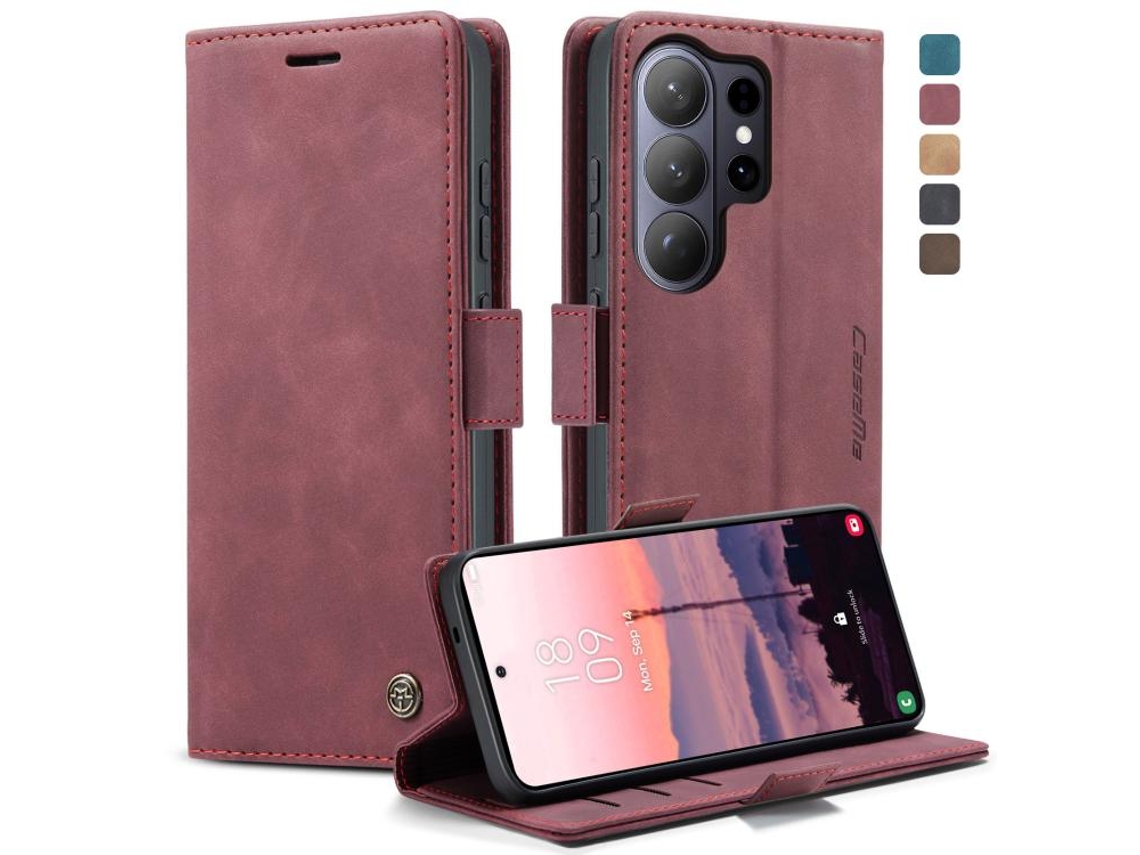 Capa Para Samsung Galaxy S26 Ultra 5g Multifuncional Horizontal De Couro Vermelha