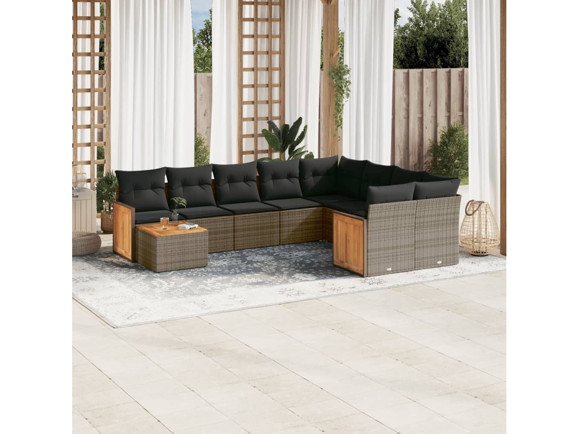Jogo de Sofá Jardim 10 Peças C/ Almofadões Vime Pe Cinza Dkd Home Decor