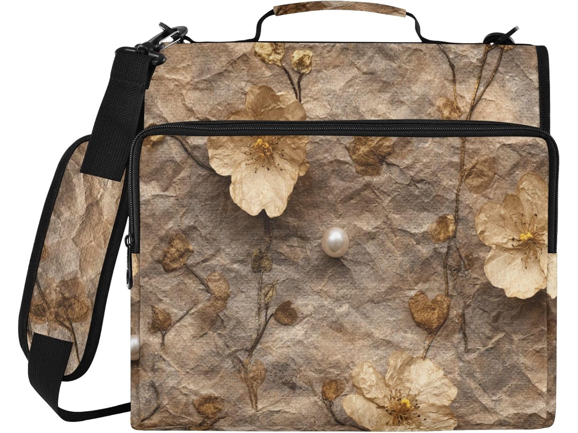 Pasta Organizadora Em Papel Kraft Com Estampa Floral Fundo Marrom, 3 Argolas, Zíper, Alça De Ombro E Mão, Diversos