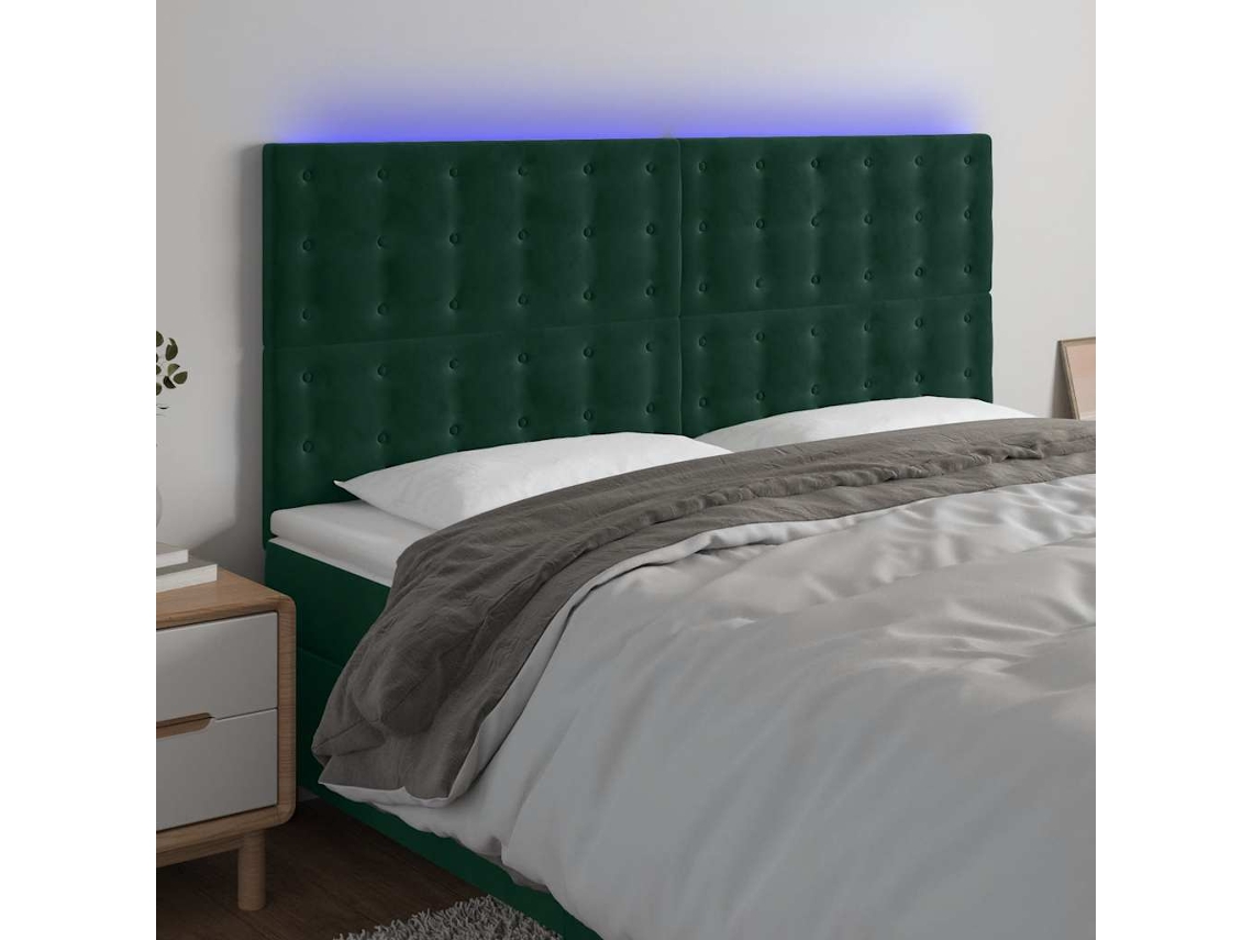 Vidaxl Cabeceira De Cama C/ Led Veludo 180x5x118/128 Cm Verde-escuro