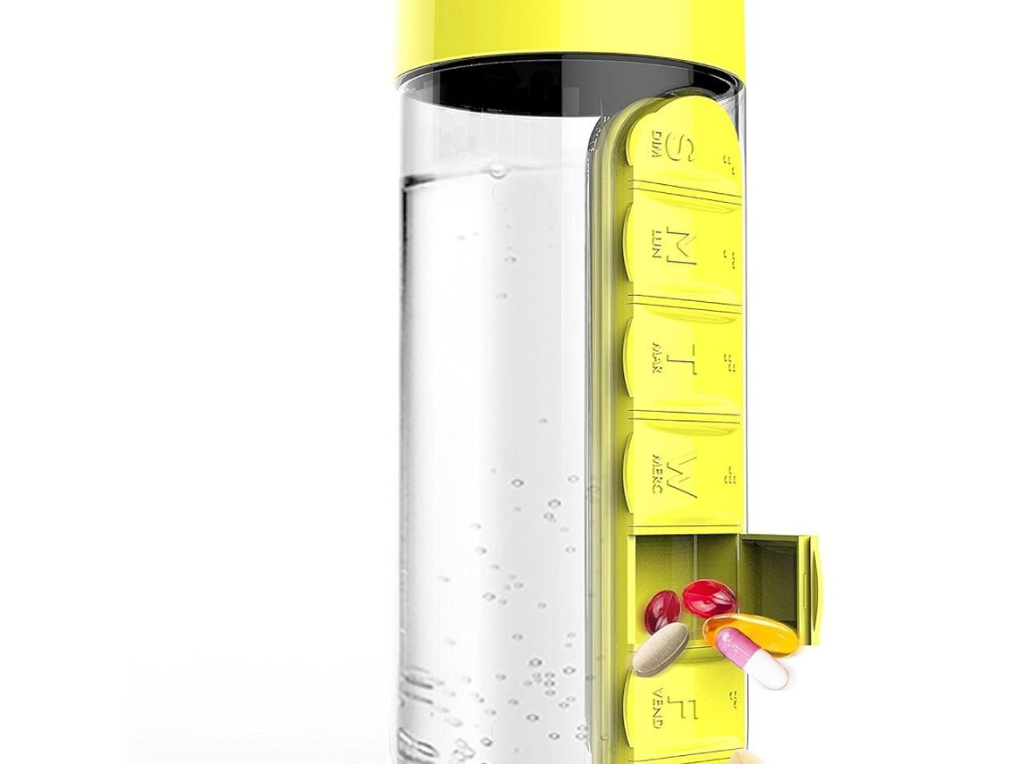 Conjunto Organizador Diário de Comprimidos com Garrafa de Água, Amarelo Klb Brilvibera