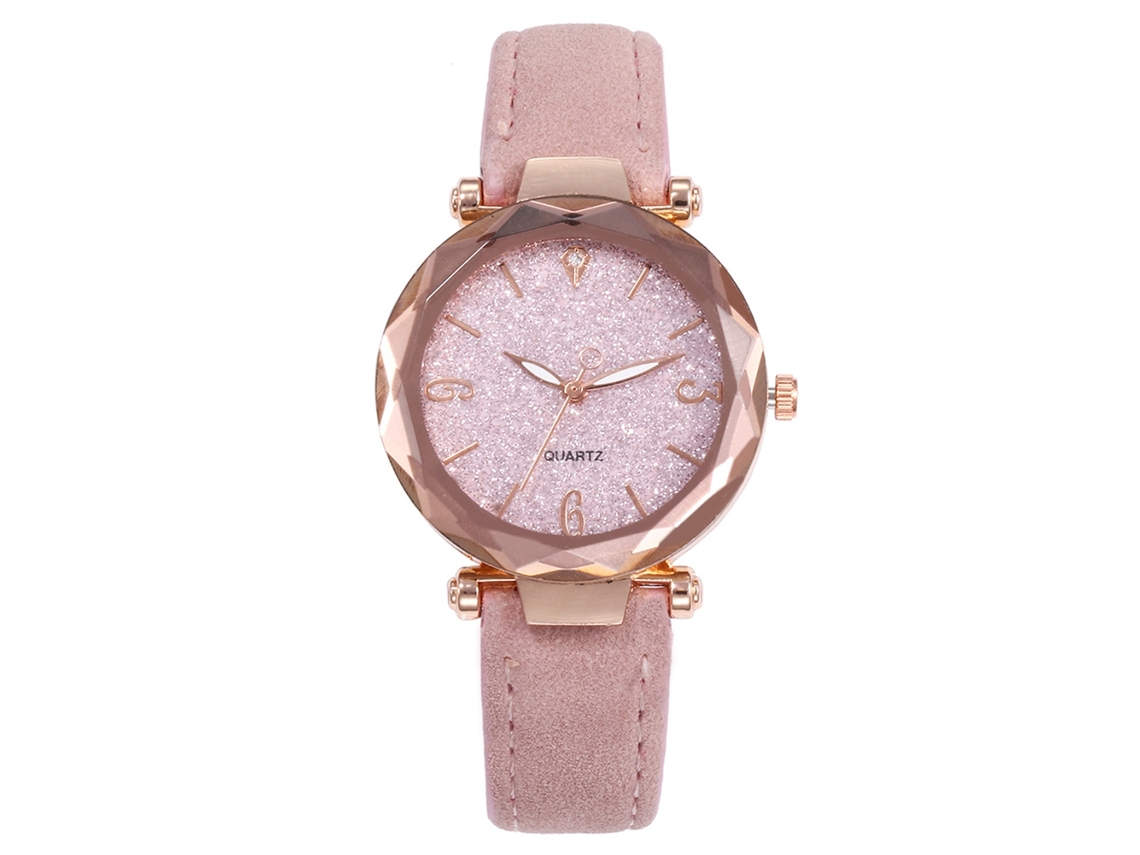 Relógio de Pulso Feminino de Quartzo Elegante com Mostrador Redondo em Couro Rosa