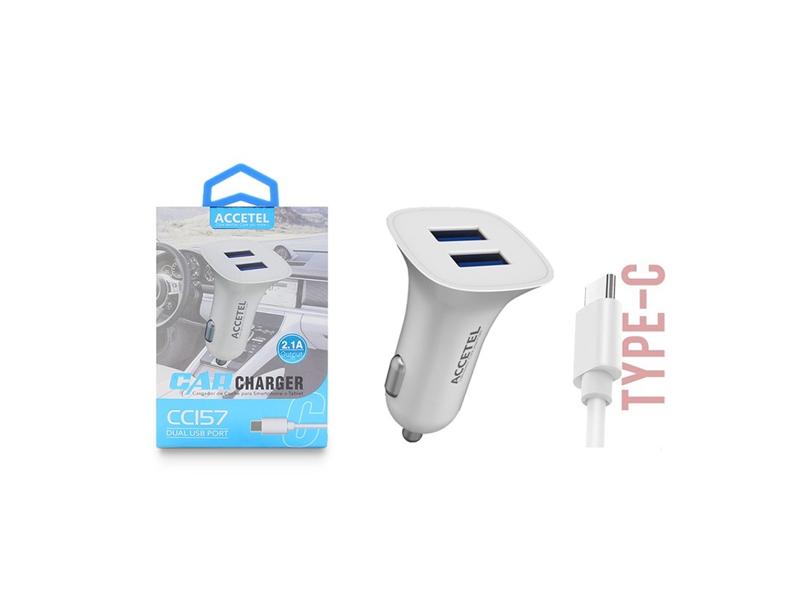 Cc157 Carregador De Carro Duplo Usb 2.1a - Tipo-c Branco