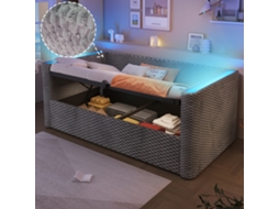 Divã de solteiro 90x200 Cm, iluminação Led, compartimento de arrumação hidráulico, ripas, veludo cinza, sem colchão VSOGA