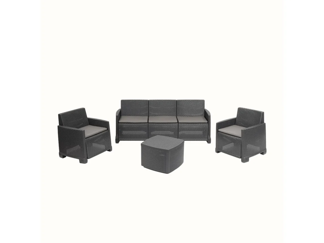 Conjunto de Jardim IPAE PROGARDEN Garda Antracite (2 Cadeirões + 1 Mesa de Apoio + 1 Sofá Triplo + 5 Almofadas) 