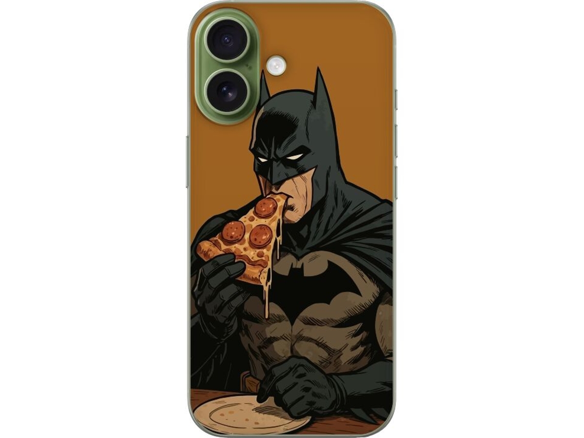 Capa Para Celular Compatível Com Apple Iphone 17. Batman Comendo Pizza Em Estilo De Desenho Animado Sombrio, Com Contraste Humorístico Entre O Herói E