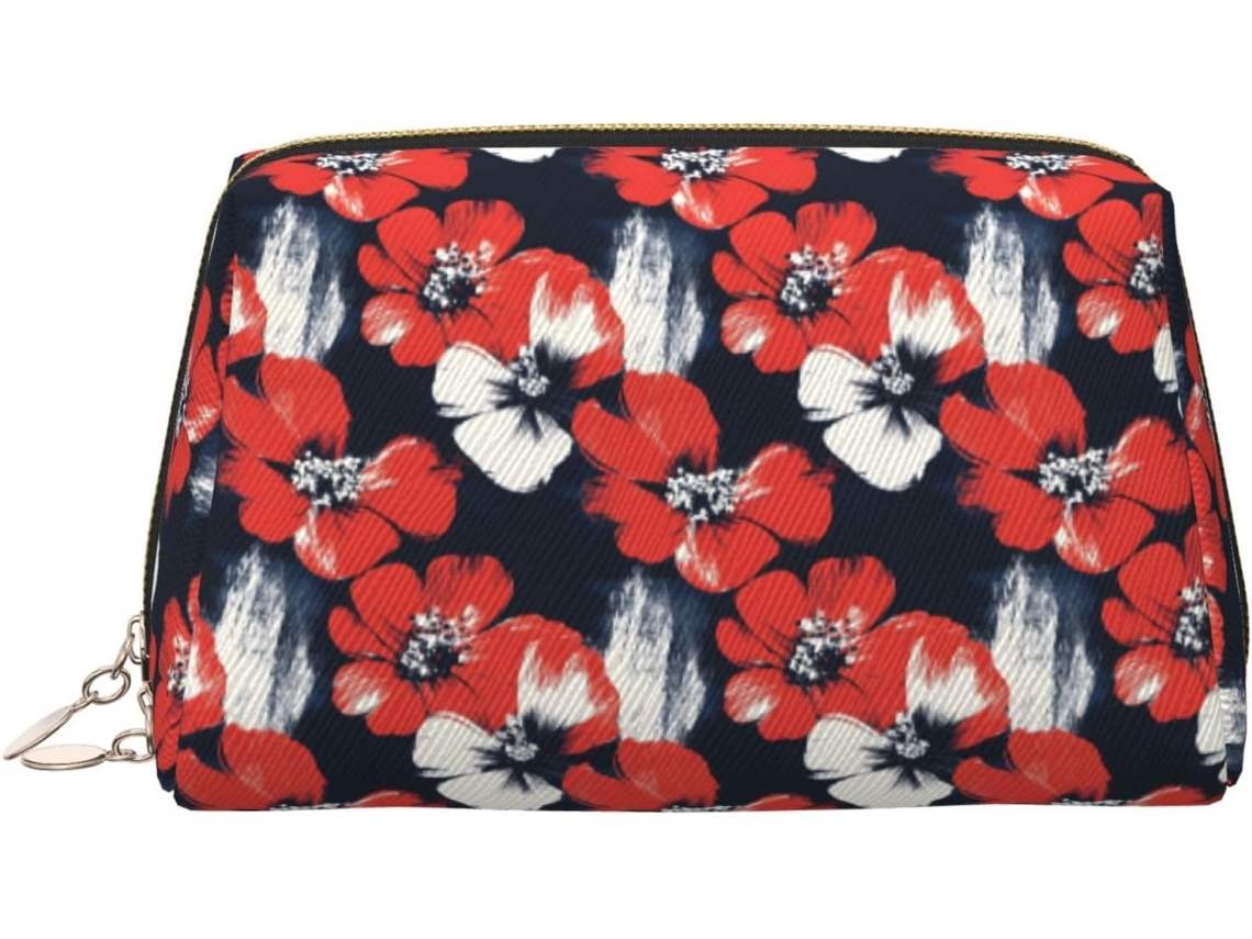 Nécessaire Feminina com Estampa Floral Vermelha de Couro Grande S/MARCA