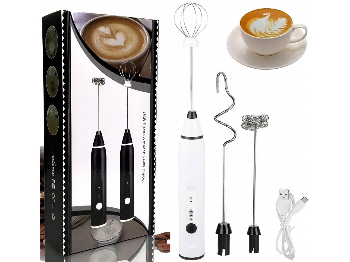 Espumador De Leite Elétrico, Prático, Com 2 Bicos Aço Inoxidável, Mini Misturador 3 Velocidades, Branco
